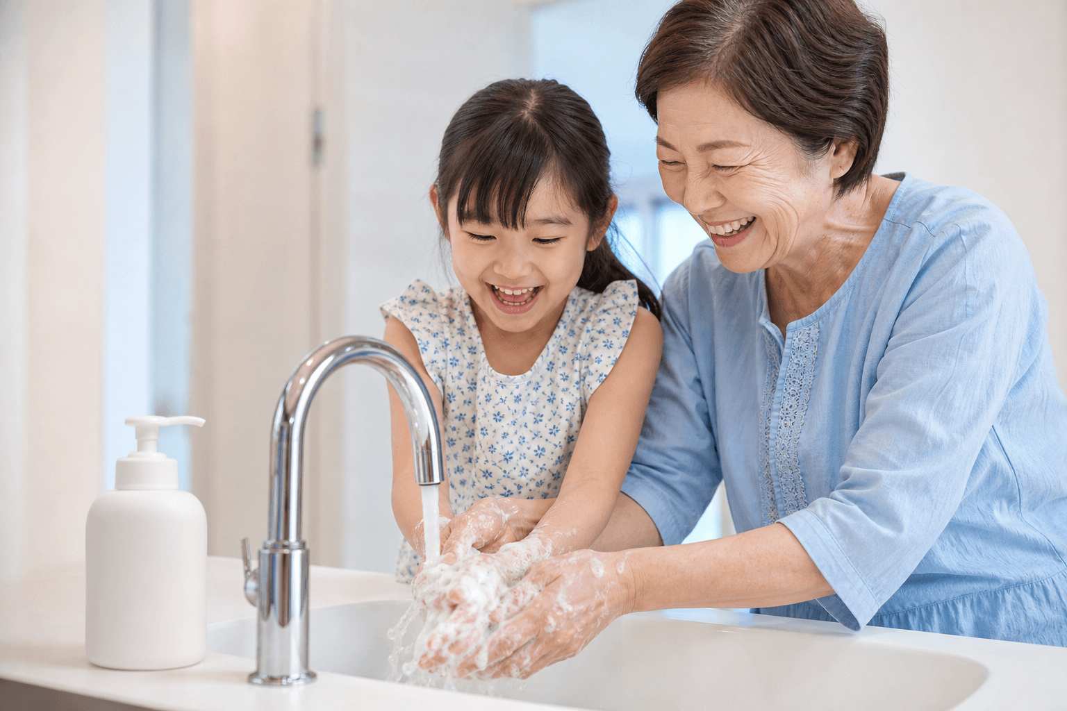 プラスチック日用品を使って笑顔で過ごす、お祖母さんと孫の温かなひととき(暮らしのイメージ)